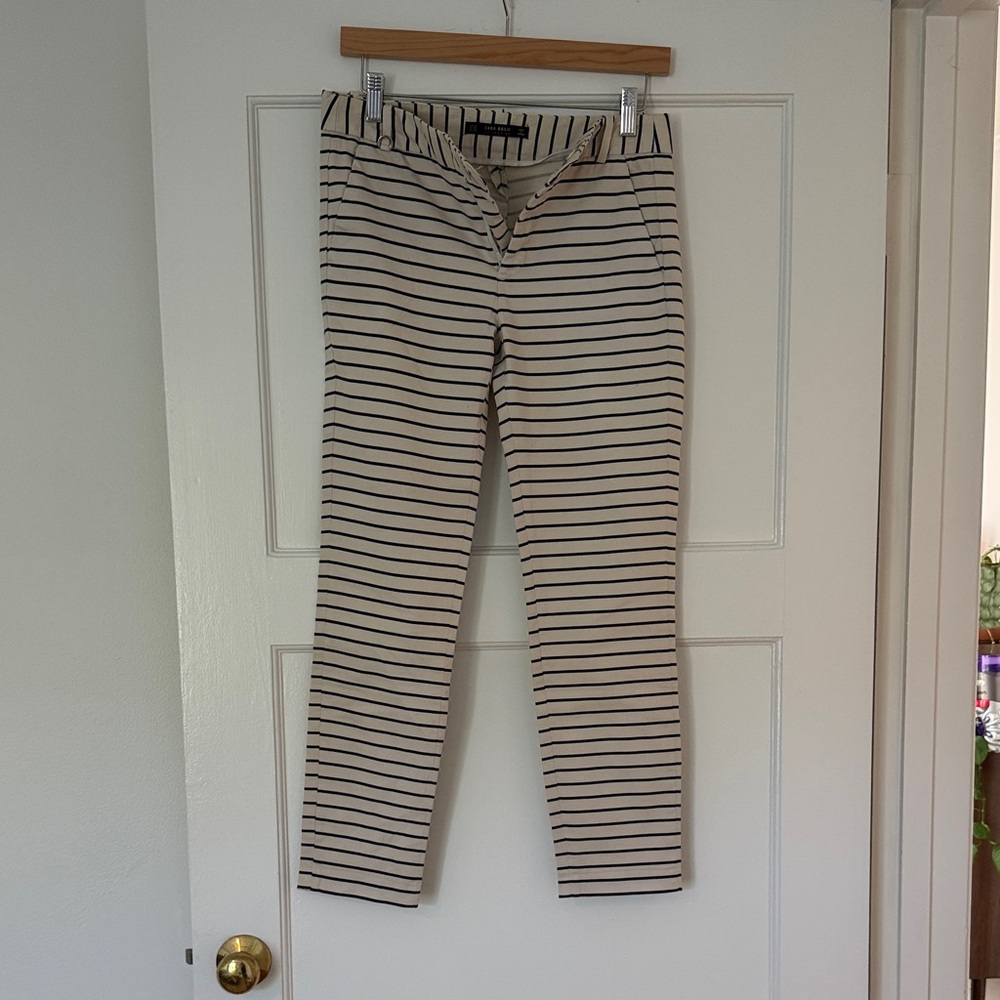 Zara Cream and Black Striped Slim Pants